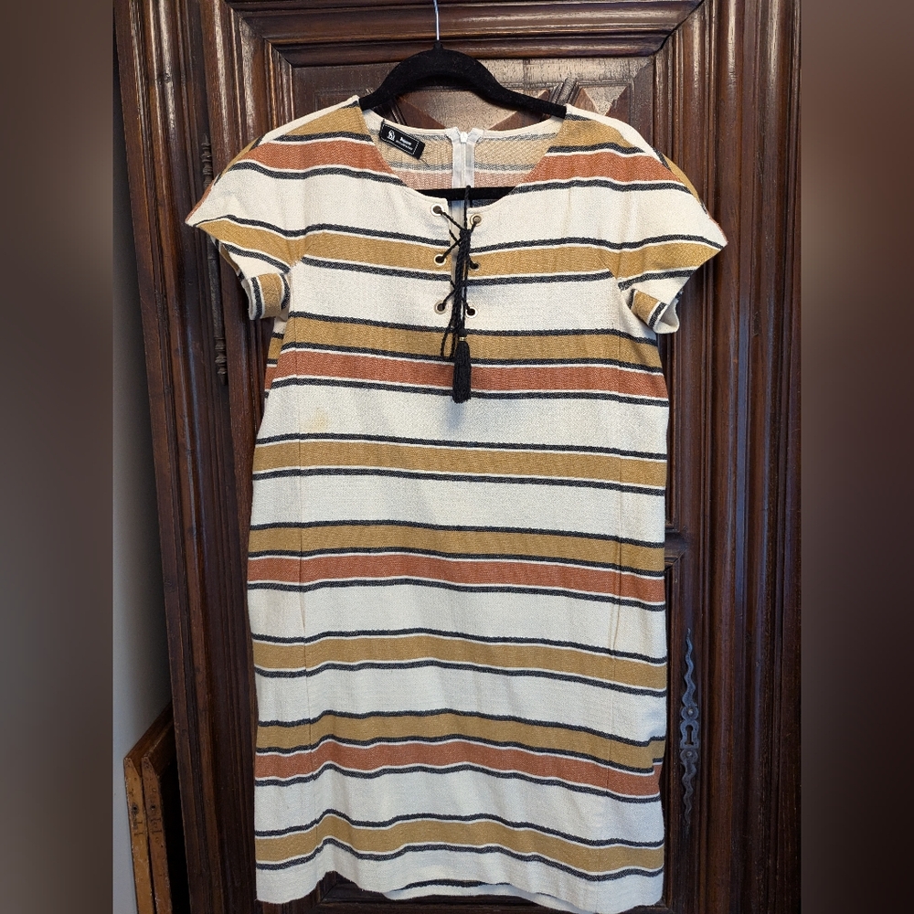 SINEQUANONE France Striped Dress in White, Brown, and Tan